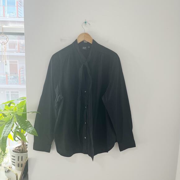 Gap Black Button Up Tie Neck Long Sleeve Blouse Size XXL - Picture 1 of 6